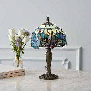 Dragonfly Blue Tiffany Glass Shade Table Lamp In Satin Black