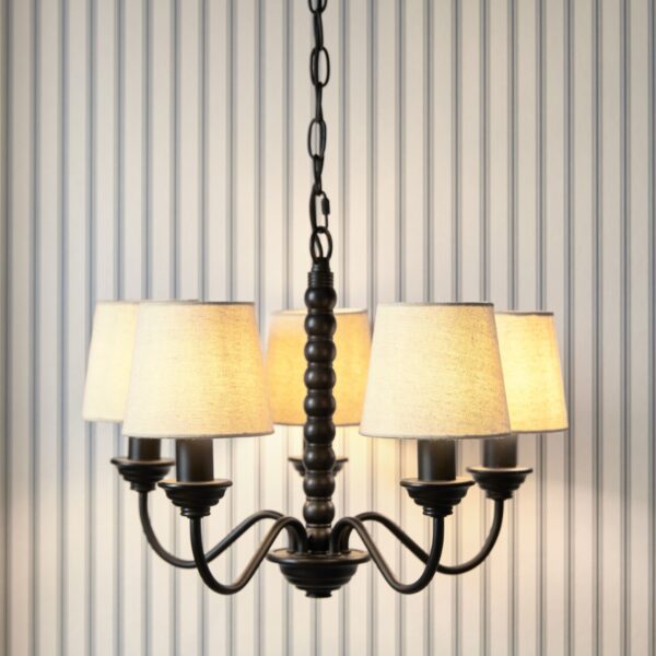 Laura Ashley Norbury 5 Light Ceiling Chandelier In Matt Black With Natural Linen Shades