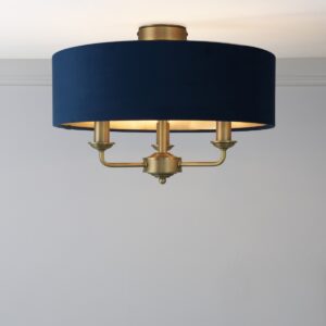 Laura Ashley Sorrento 3 Light Semi Flush Ceiling Light In Matt Antique With Blue Shade