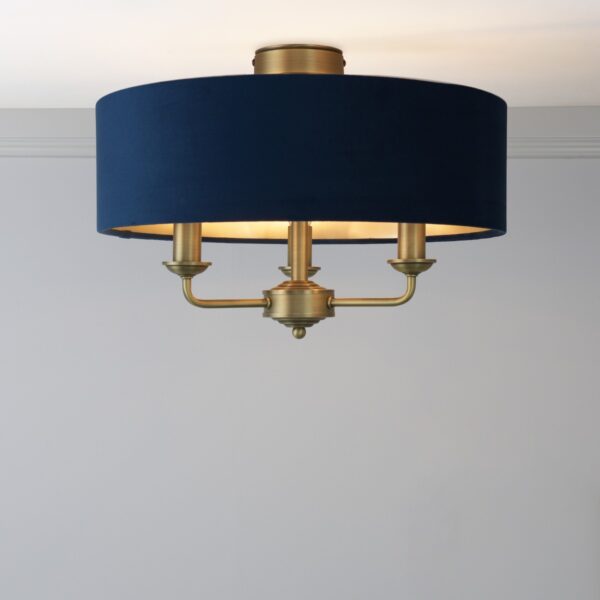 Laura Ashley Sorrento 3 Light Semi Flush Ceiling Light In Matt Antique With Blue Shade