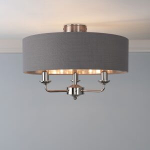 Laura Ashley Sorrento 3 Light Semi Flush Ceiling Light In Polished Nickel With Grey Shade